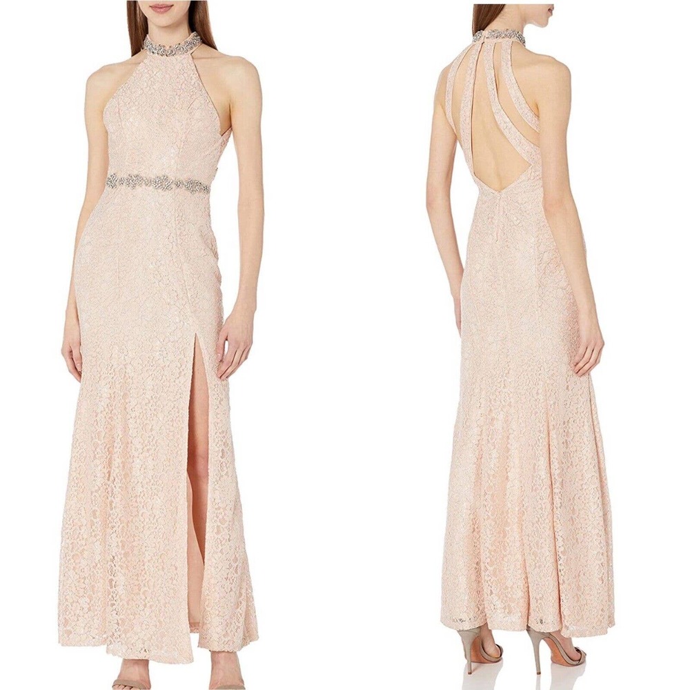 New Sequin Hearts Juniors Sz 7 Long Lace Dress Jeweled Collar Belt Lace Pink NWT